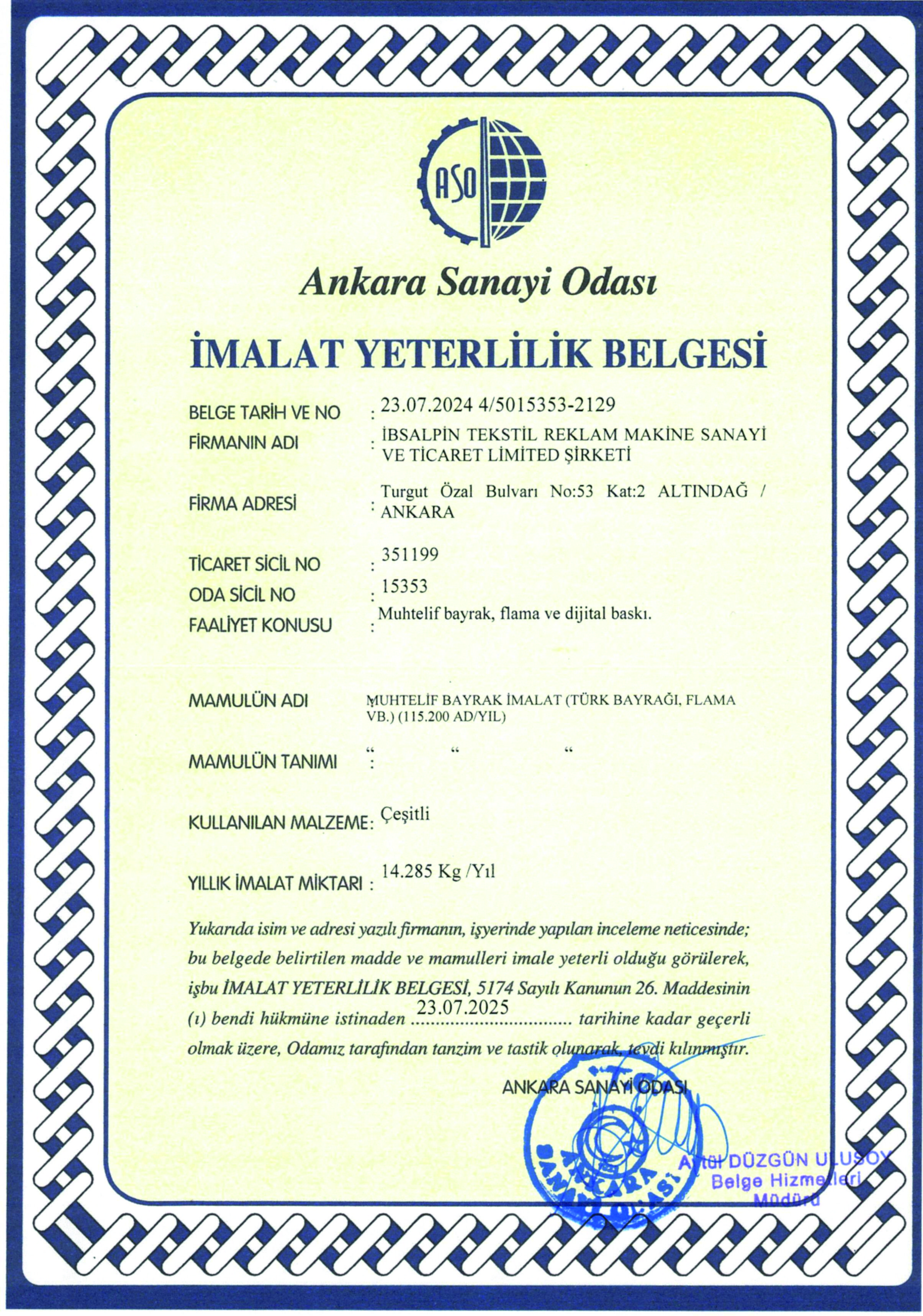 İMALAT YETERLİLİK BELGESİ