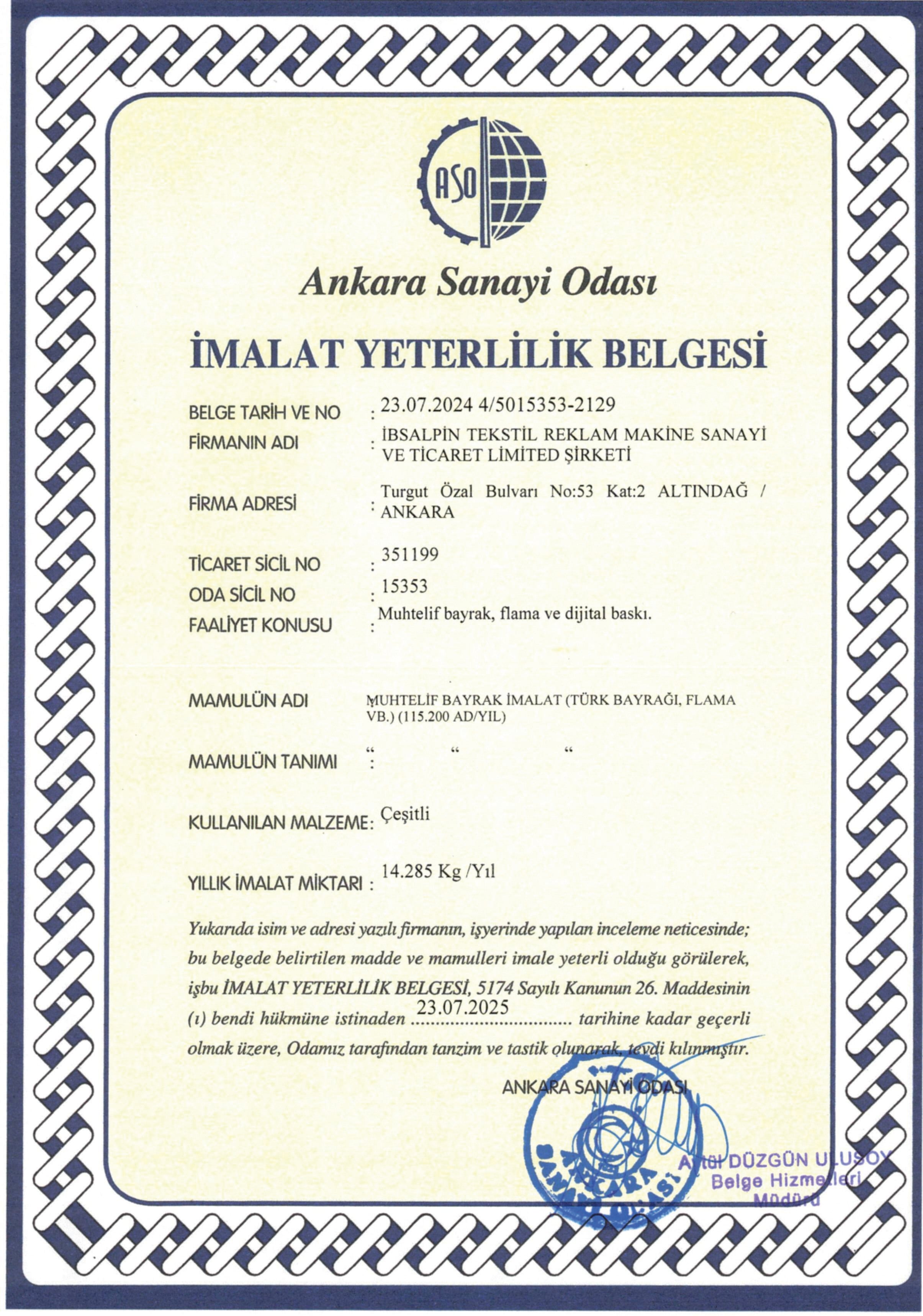 İMALAT YETERLİLİK BELGESİ